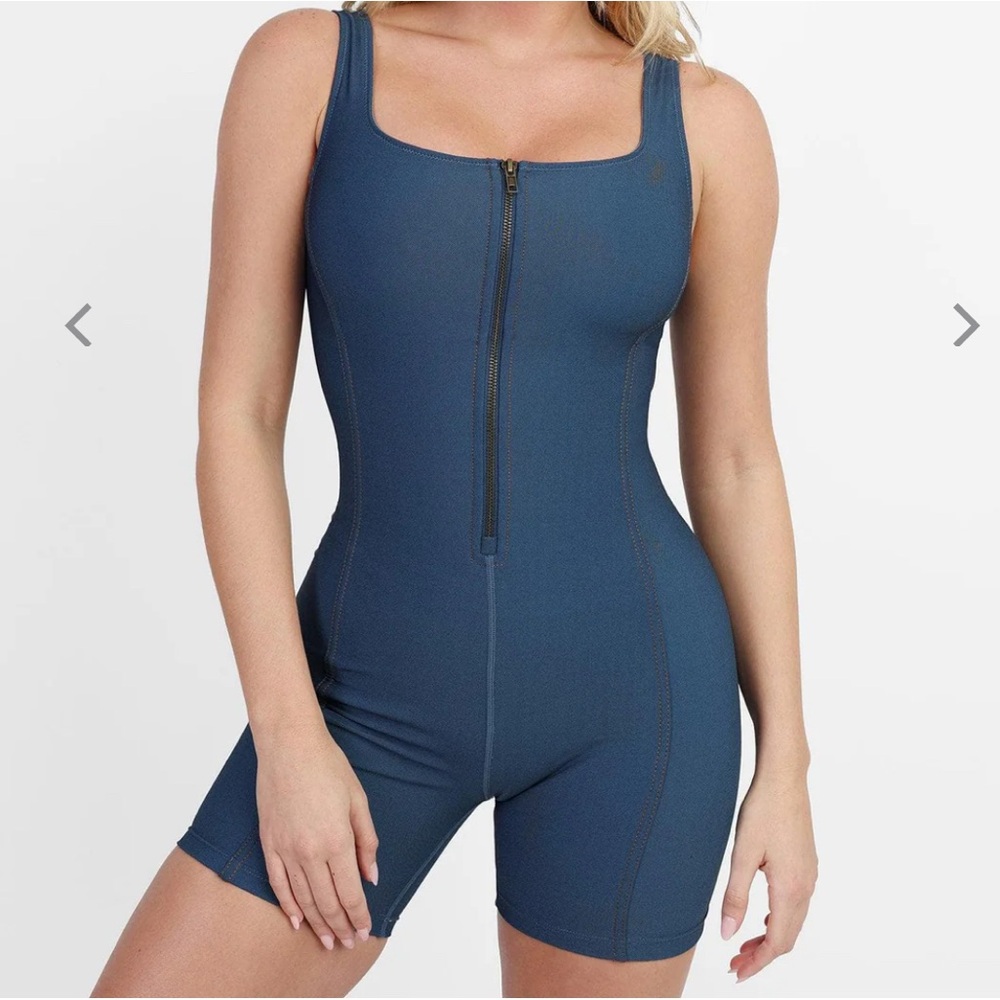 Popilush Shapewear Denim Square Neck Zip Front Sculpting Romper
